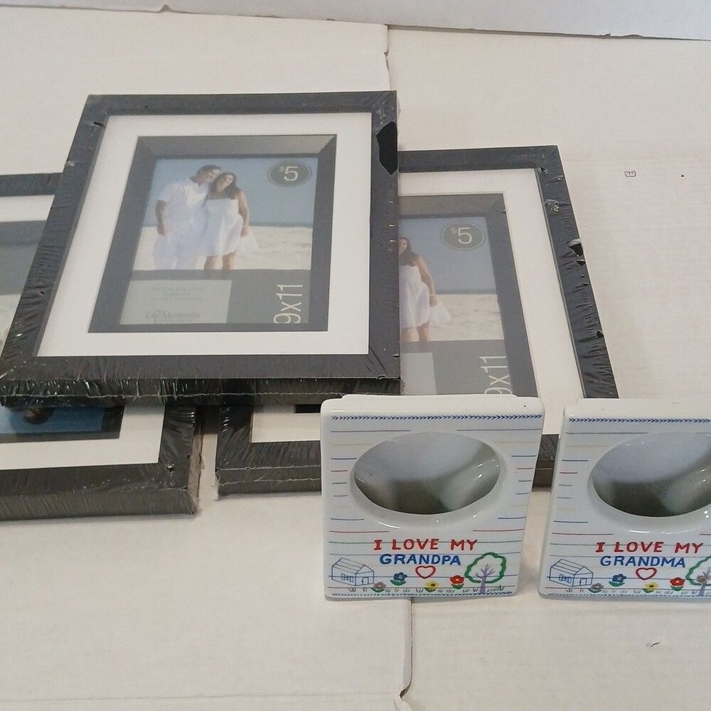 Lot Of 5 Picture Frames 3-Black 9×11(New) 2- VTG CERAMIC Russ BERRIE 5×4(used)